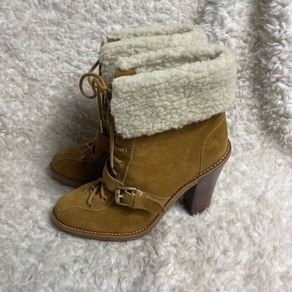 MICHAEL Michael Kors Shoes - MICHAEL Michael Kors Chestnut leather Suede Sherpa Cuff Laceup  Heel Boots SZ9M